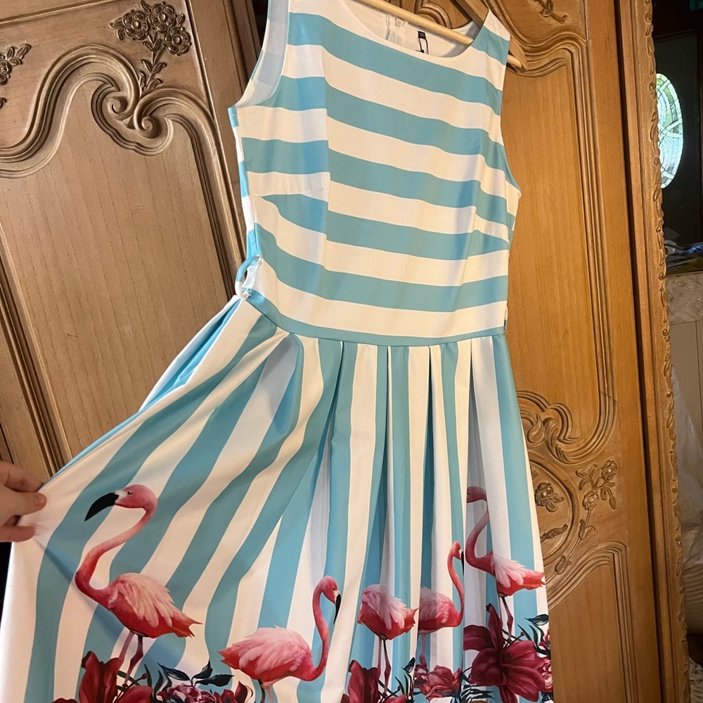 Flamingo dress tiffany blue stripes floral 3x size fits like a size 14/16 NWT
